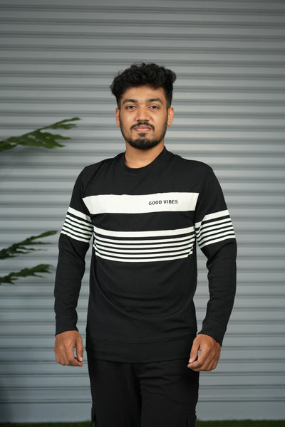 Casual Full Sleeve Striped Sweatshirt for Men |  Round Neck Pullover - Black