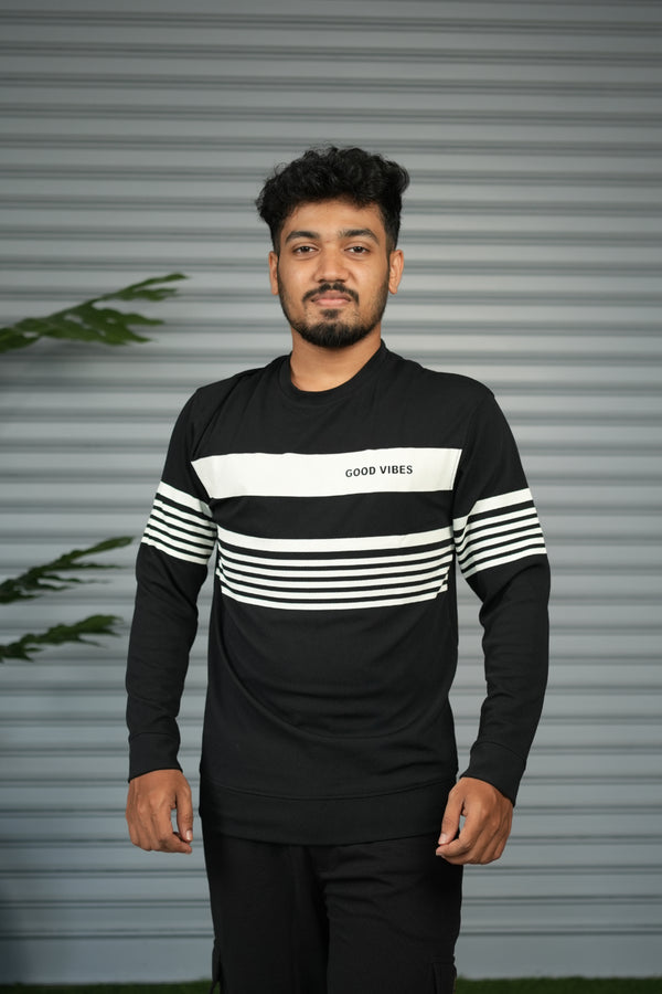 Casual Full Sleeve Striped Sweatshirt for Men |  Round Neck Pullover - Black