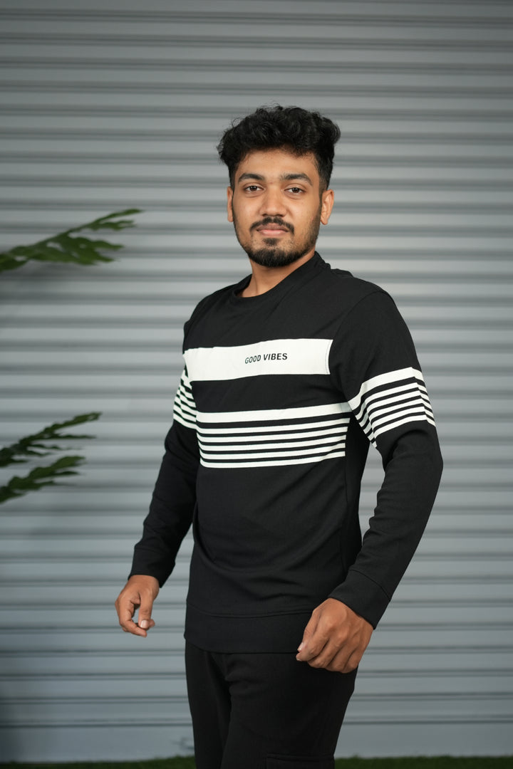 Casual Full Sleeve Striped Sweatshirt for Men |  Round Neck Pullover - Black