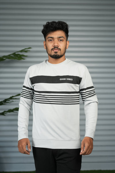 Casual Full Sleeve Striped Sweatshirt for Men |  Round Neck Pullover - Ash