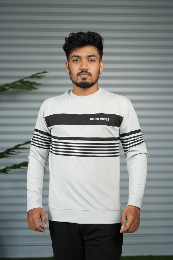 Casual Full Sleeve Striped Sweatshirt for Men |  Round Neck Pullover - Ash
