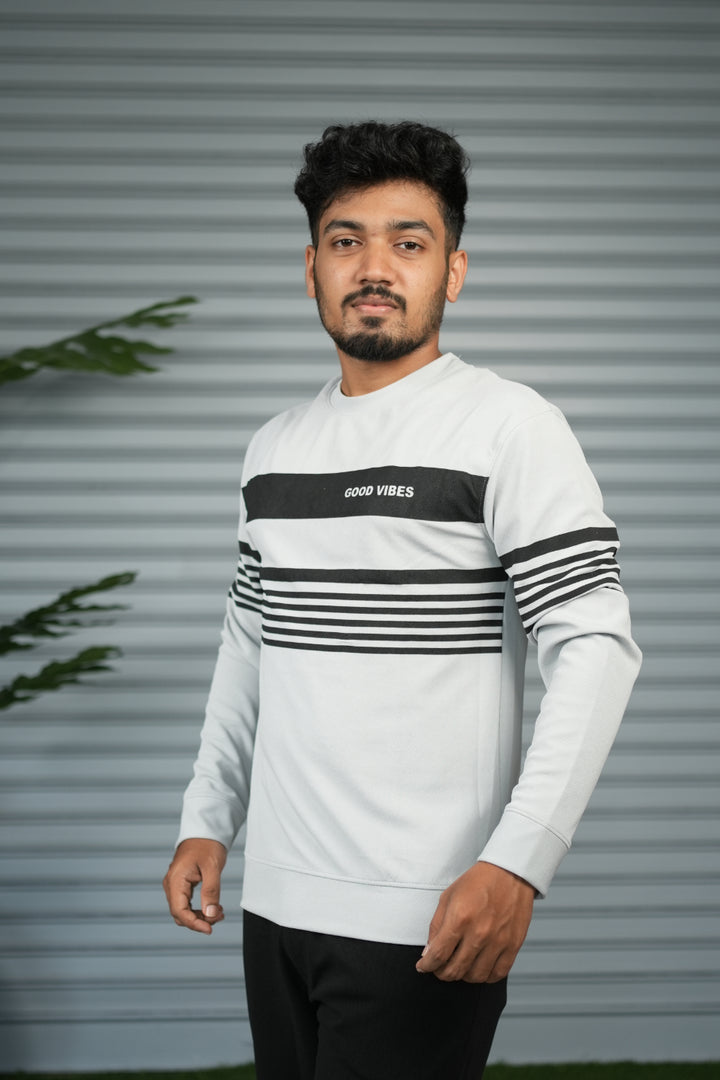 Casual Full Sleeve Striped Sweatshirt for Men |  Round Neck Pullover - Ash