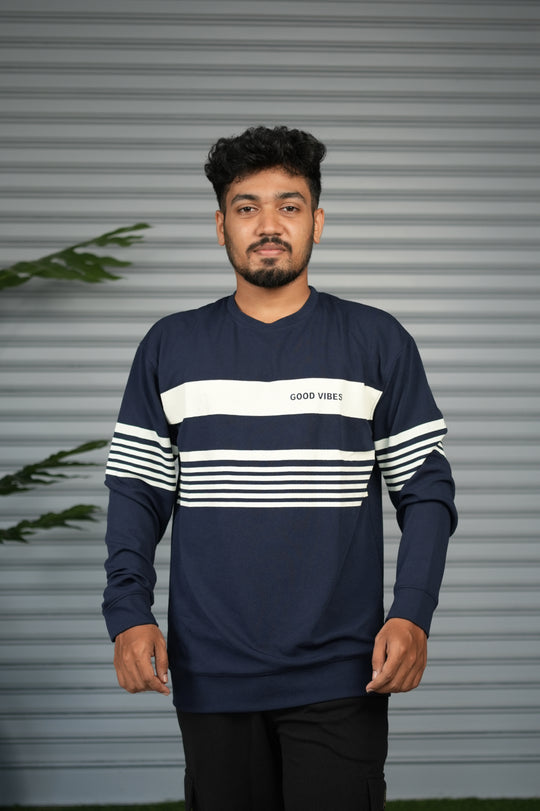 Casual Full Sleeve Striped Sweatshirt for Men |  Round Neck Pullover - Navy Blue – 7MAN Men's Fashion India