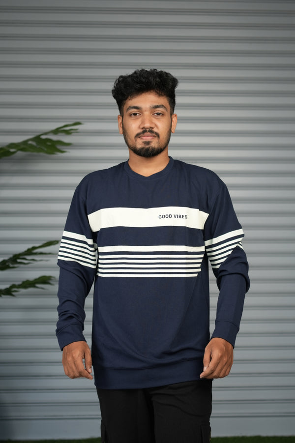Casual Full Sleeve Striped Sweatshirt for Men |  Round Neck Pullover - Navy Blue