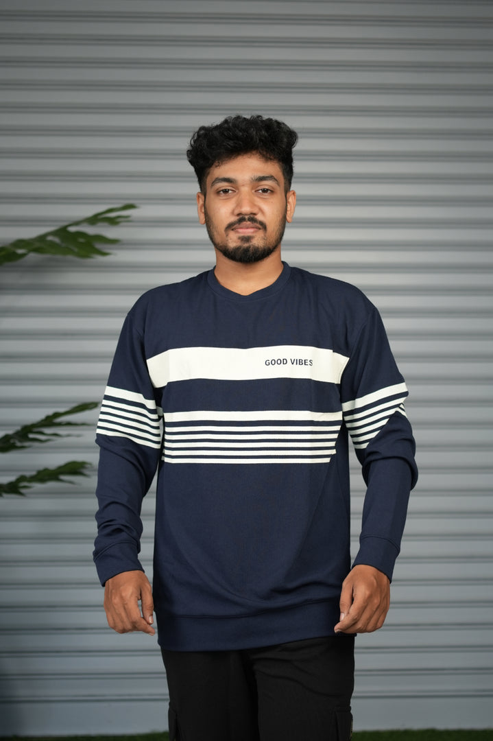 Casual Full Sleeve Striped Sweatshirt for Men |  Round Neck Pullover - Navy Blue