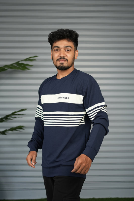 Casual Full Sleeve Striped Sweatshirt for Men |  Round Neck Pullover - Navy Blue – alternate view – 7MAN India