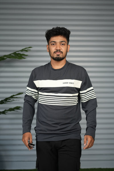 Casual Full Sleeve Striped Sweatshirt for Men |  Round Neck Pullover - Grey