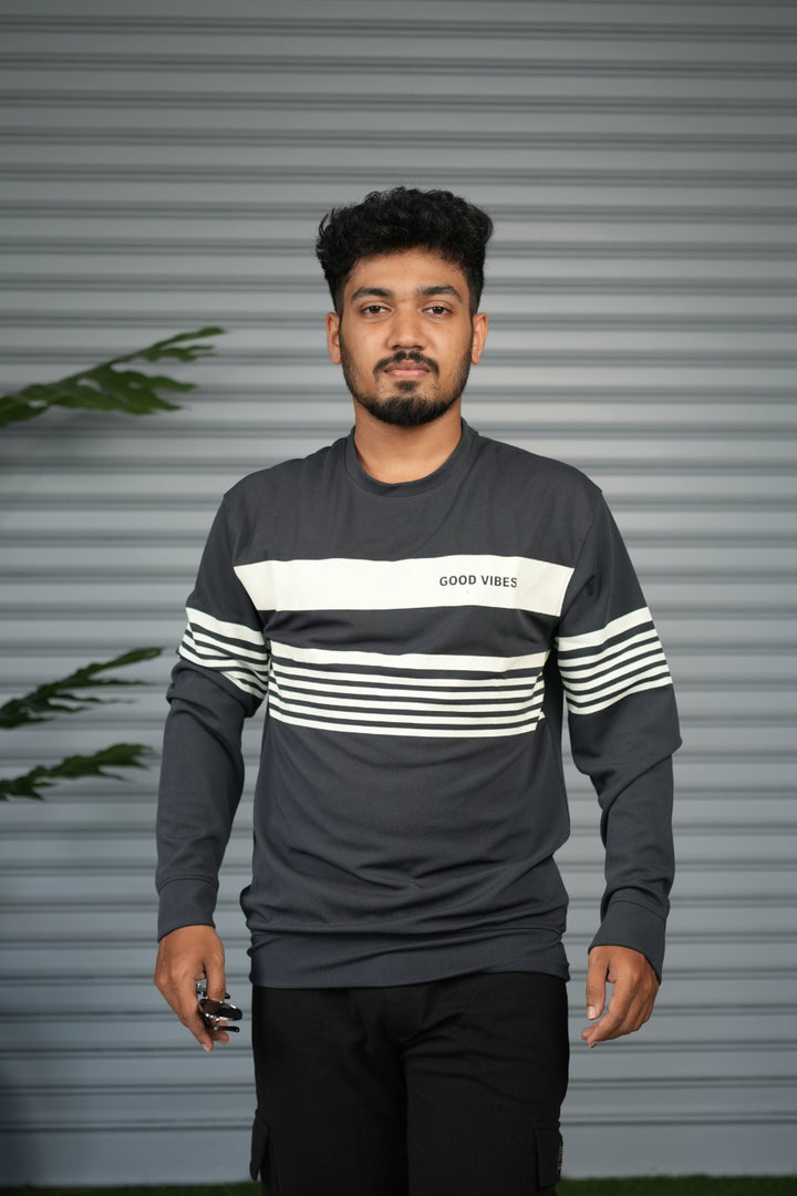 Casual Full Sleeve Striped Sweatshirt for Men |  Round Neck Pullover - Grey
