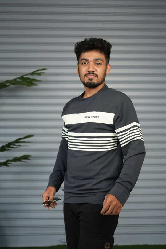 Casual Full Sleeve Striped Sweatshirt for Men |  Round Neck Pullover - Grey – alternate view – 7MAN India