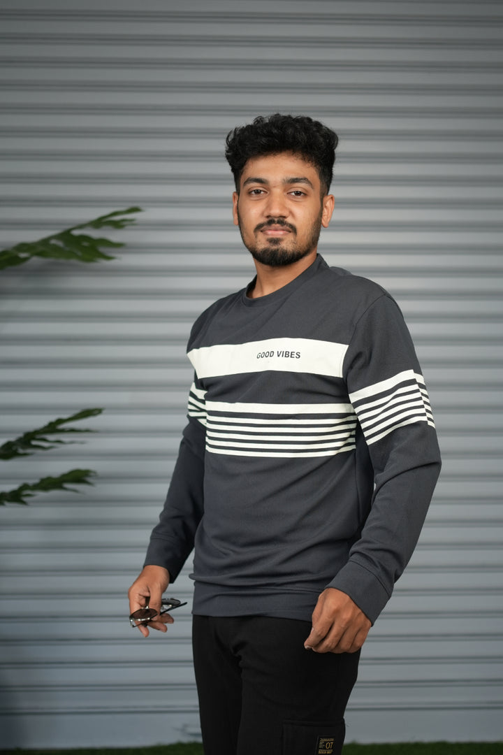 Casual Full Sleeve Striped Sweatshirt for Men |  Round Neck Pullover - Grey