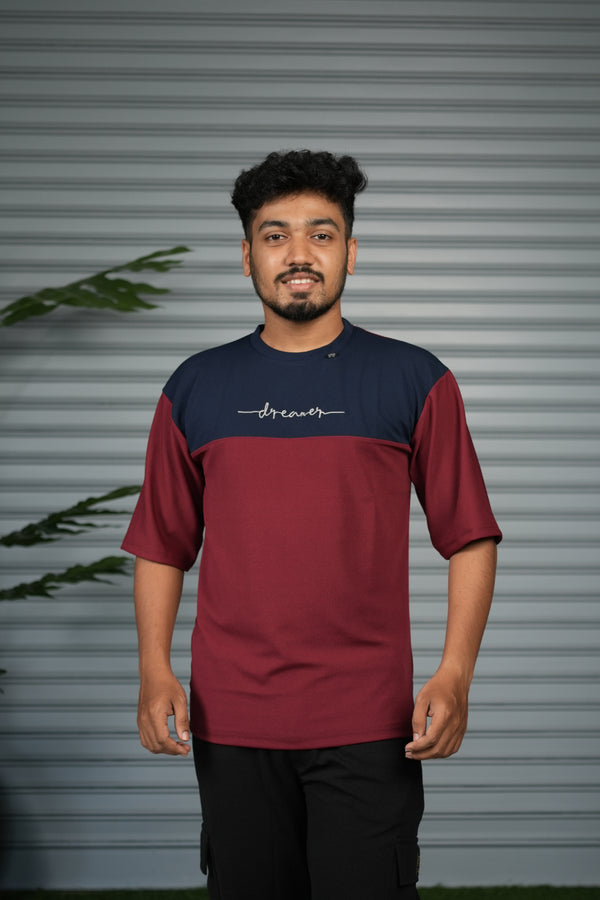 Oversized Round Neck Dreamer Printed T-Shirt for Men - Maroon & Navy Blue