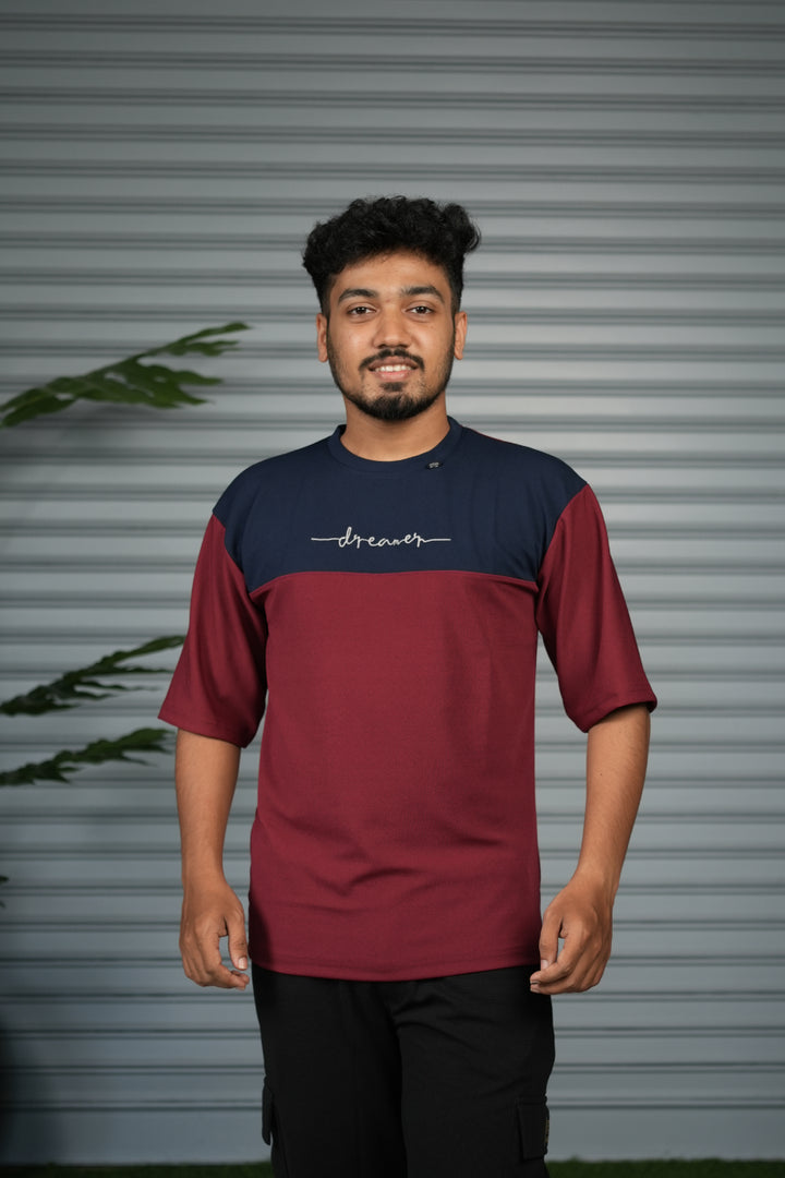 Oversized Round Neck Dreamer Printed T-Shirt for Men - Maroon & Navy Blue