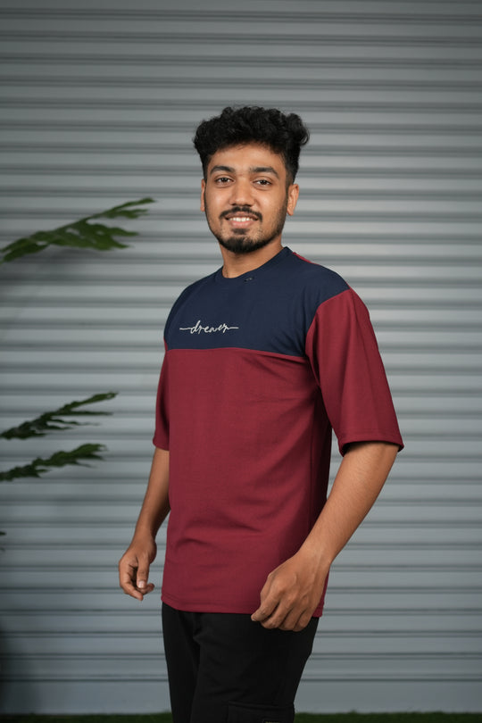 Oversized Round Neck Dreamer Printed T-Shirt for Men - Maroon & Navy Blue – alternate view – 7MAN India
