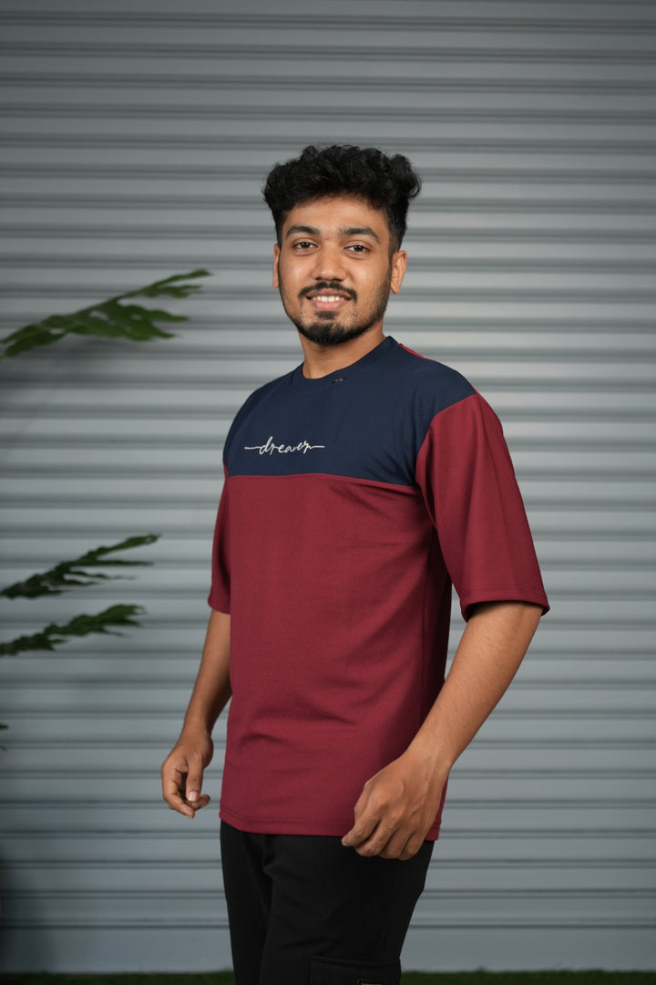 Oversized Round Neck Dreamer Printed T-Shirt for Men - Maroon & Navy Blue