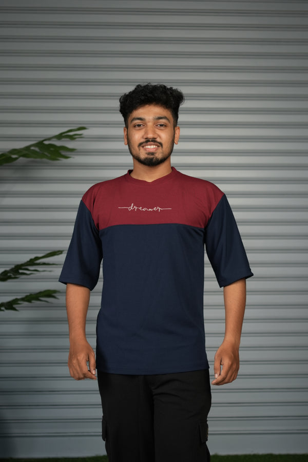 Oversized Round Neck Dreamer Printed T-Shirt for Men - Navy Blue & Maroon