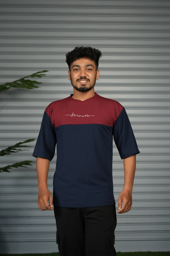 Oversized Round Neck Dreamer Printed T-Shirt for Men - Navy Blue & Maroon