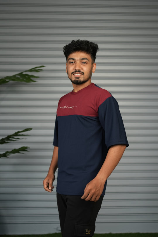 Oversized Round Neck Dreamer Printed T-Shirt for Men - Navy Blue & Maroon – alternate view – 7MAN India