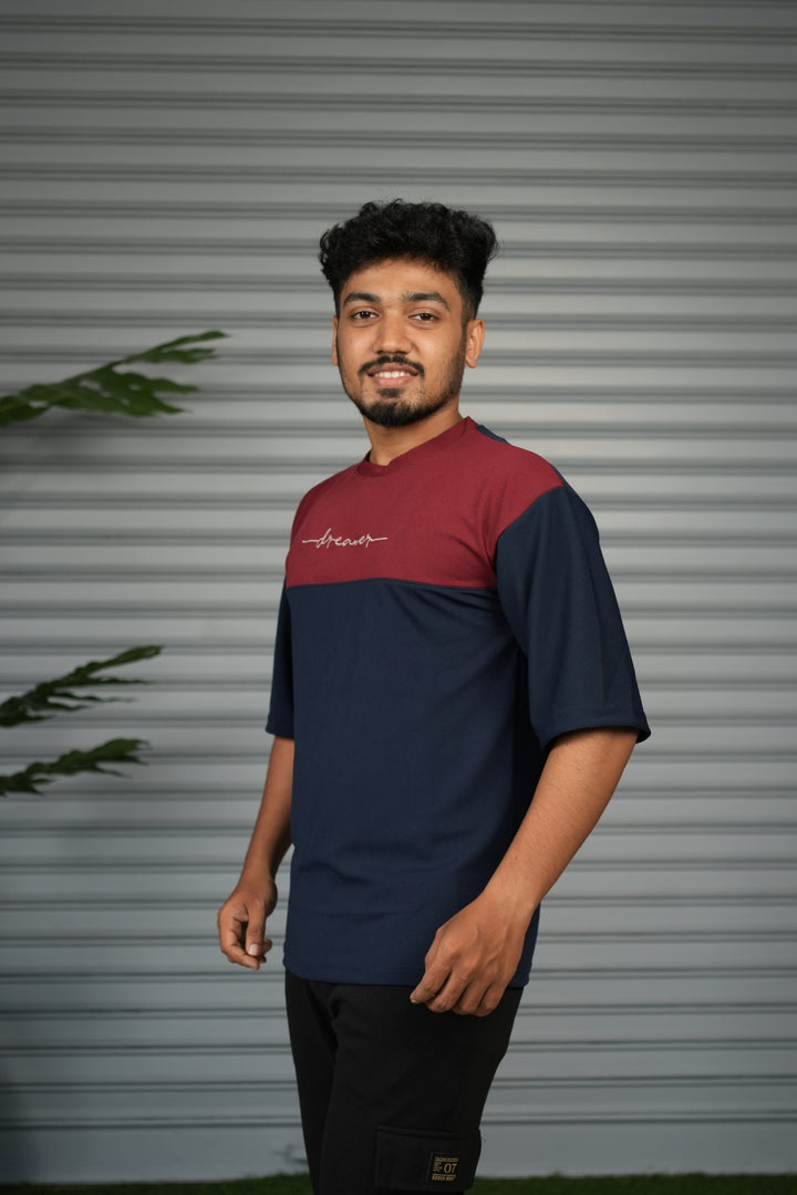 Oversized Round Neck Dreamer Printed T-Shirt for Men - Navy Blue & Maroon