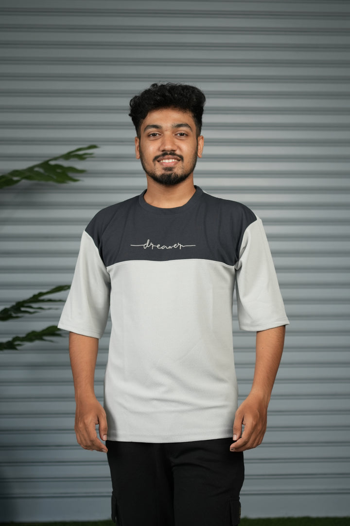 Oversized Round Neck Dreamer Printed T-Shirt for Men - Ash and Grey