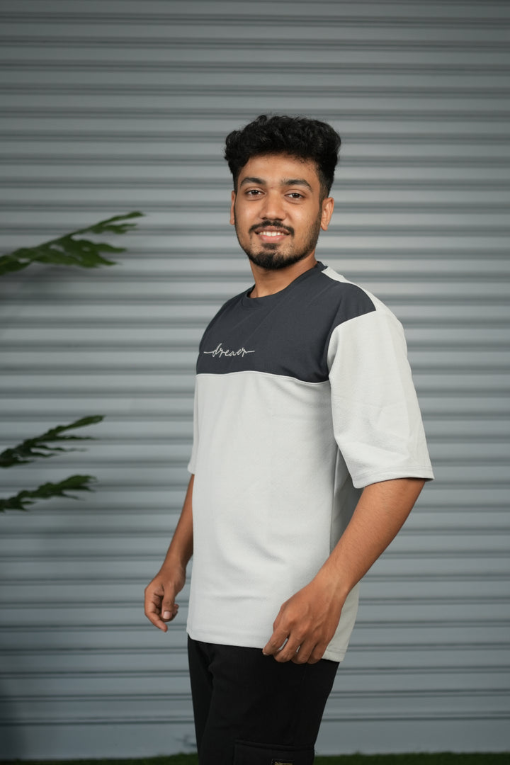 Oversized Round Neck Dreamer Printed T-Shirt for Men - Ash and Grey