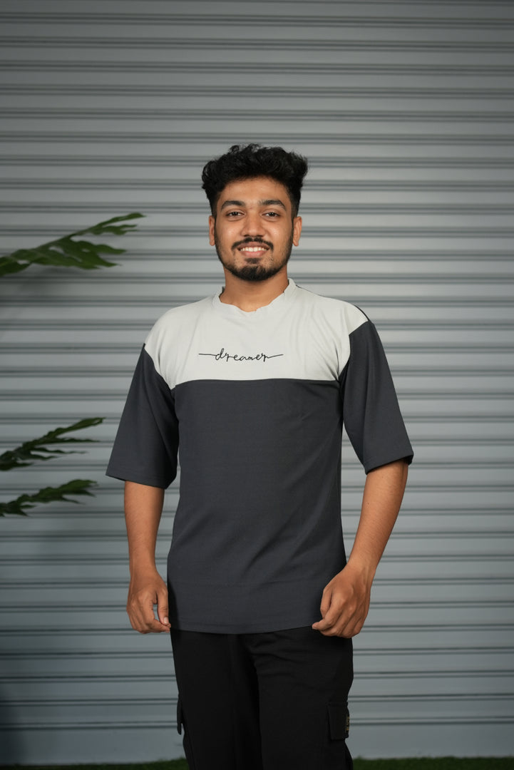Oversized Round Neck Dreamer Printed T-Shirt for Men - Grey and Ash