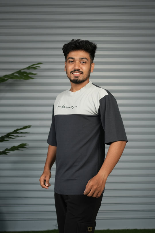 Oversized Round Neck Dreamer Printed T-Shirt for Men - Grey and Ash – alternate view – 7MAN India