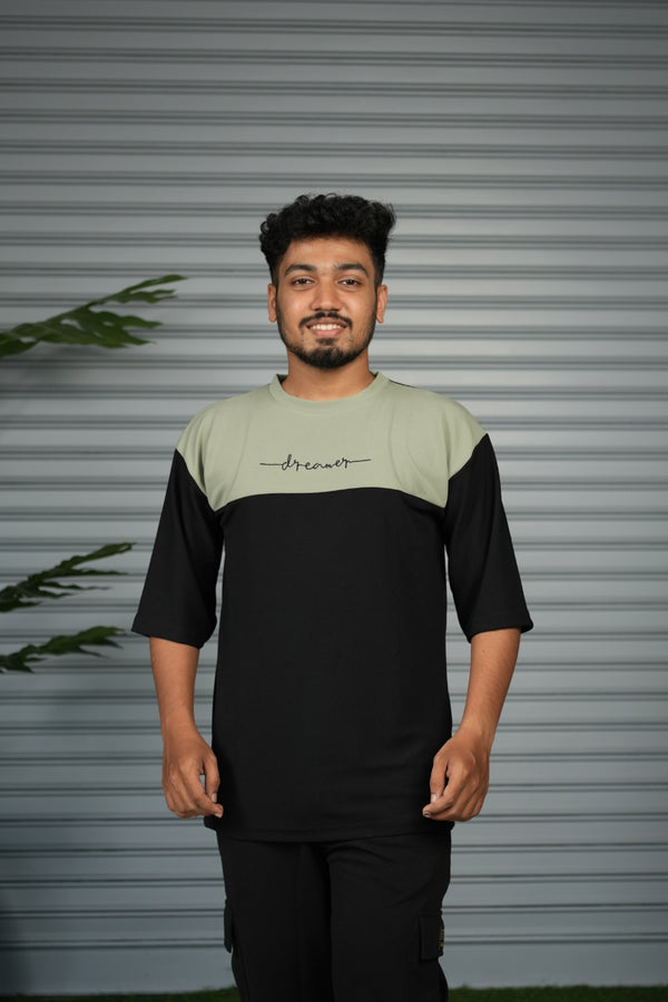 Oversized Round Neck Dreamer Printed T-Shirt for Men - Black & Pista Green