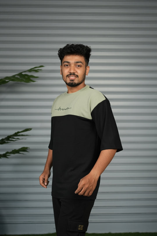 Oversized Round Neck Dreamer Printed T-Shirt for Men - Black & Pista Green – alternate view – 7MAN India