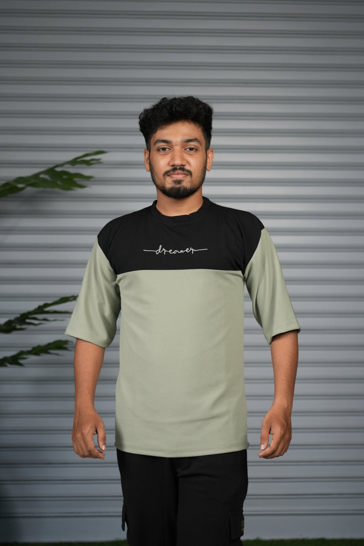 Oversized Round Neck Dreamer Printed T-Shirt for Men - Pista Green & Black