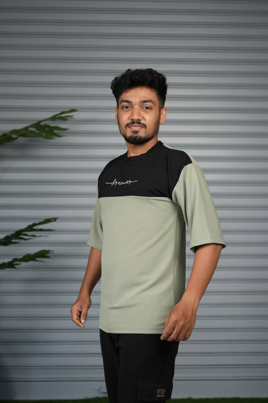 Oversized Round Neck Dreamer Printed T-Shirt for Men - Pista Green & Black – alternate view – 7MAN India