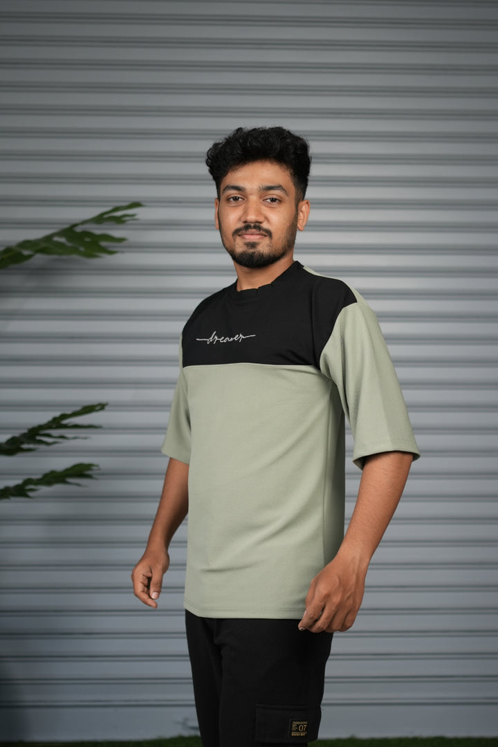 Oversized Round Neck Dreamer Printed T-Shirt for Men - Pista Green & Black