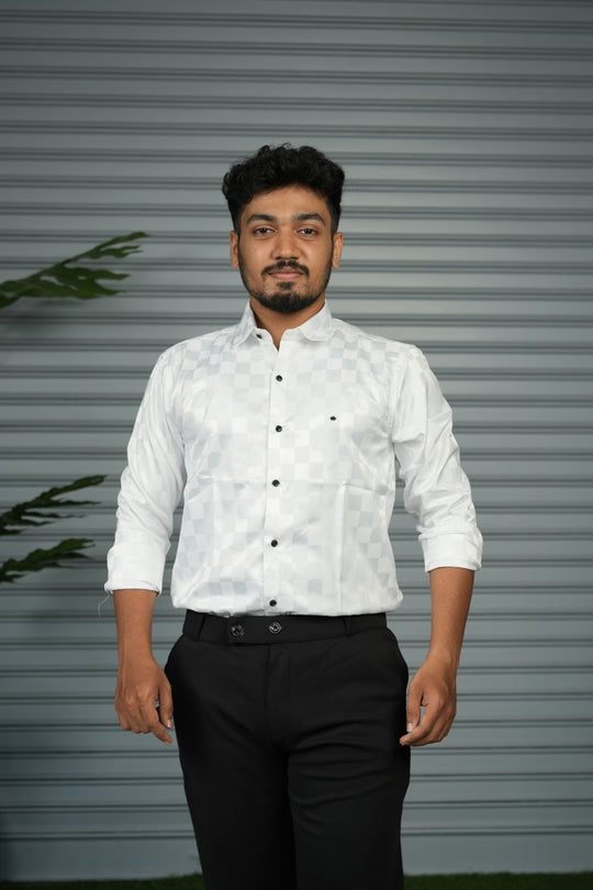 Men’s Premium Party Wear Checkered Satin Shirt – Trendy Slim Fit Fashion - White – 7MAN Men's Fashion India