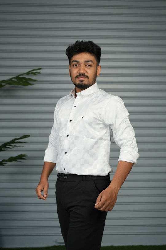 Men’s Premium Party Wear Checkered Satin Shirt – Trendy Slim Fit Fashion - White – alternate view – 7MAN India