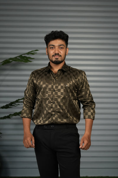 Men’s Premium Party Wear Checkered Satin Shirt – Trendy Slim Fit Fashion - Coffee Brown