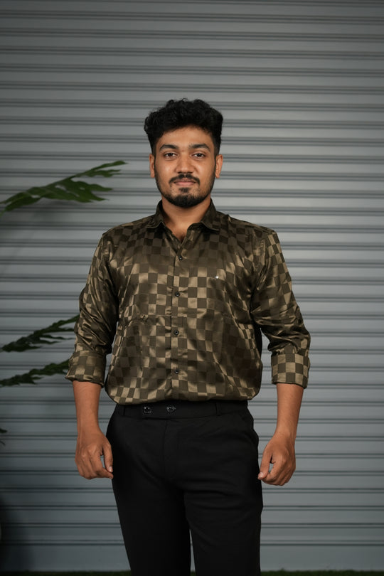 Men’s Premium Party Wear Checkered Satin Shirt – Trendy Slim Fit Fashion - Coffee Brown – 7MAN Men's Fashion India