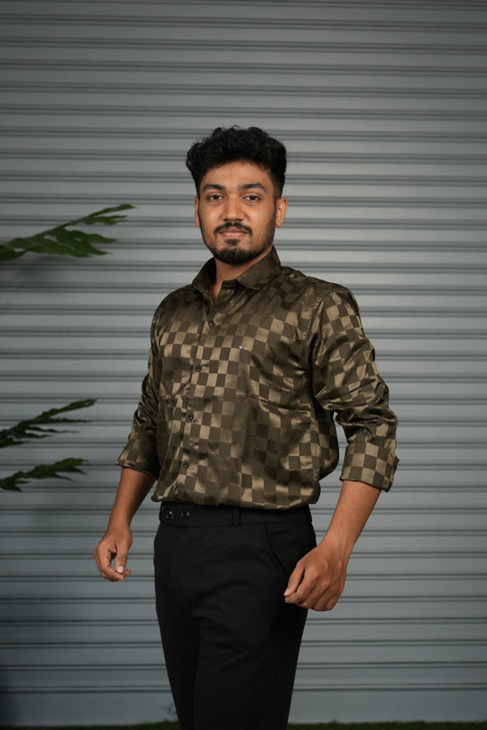 Men’s Premium Party Wear Checkered Satin Shirt – Trendy Slim Fit Fashion - Coffee Brown – alternate view – 7MAN India