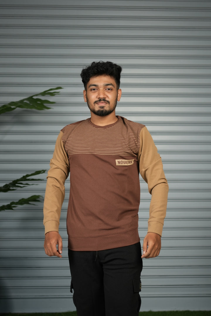 Men's Block Sweatshirt | Full Sleeve Casual Round Neck Sweatshirt for Men - Brown