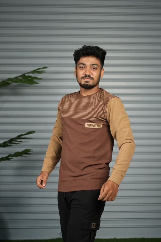 Men's Block Sweatshirt | Full Sleeve Casual Round Neck Sweatshirt for Men - Brown – alternate view – 7MAN India
