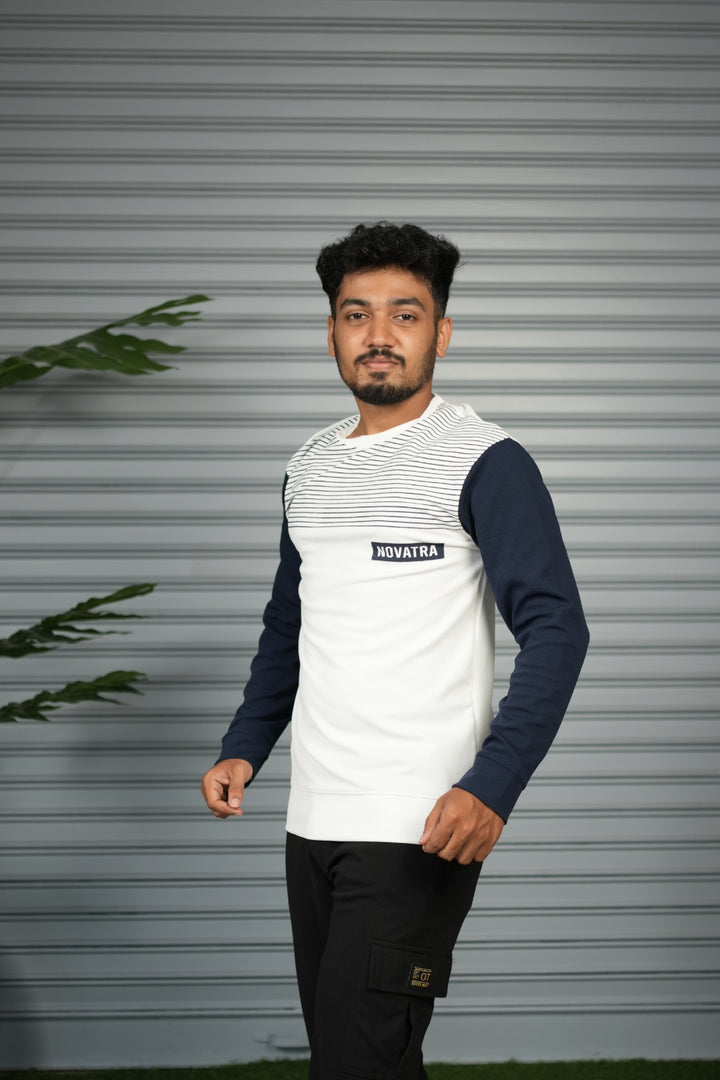 Men's Block Sweatshirt | Full Sleeve Casual Round Neck Sweatshirt for Men - White