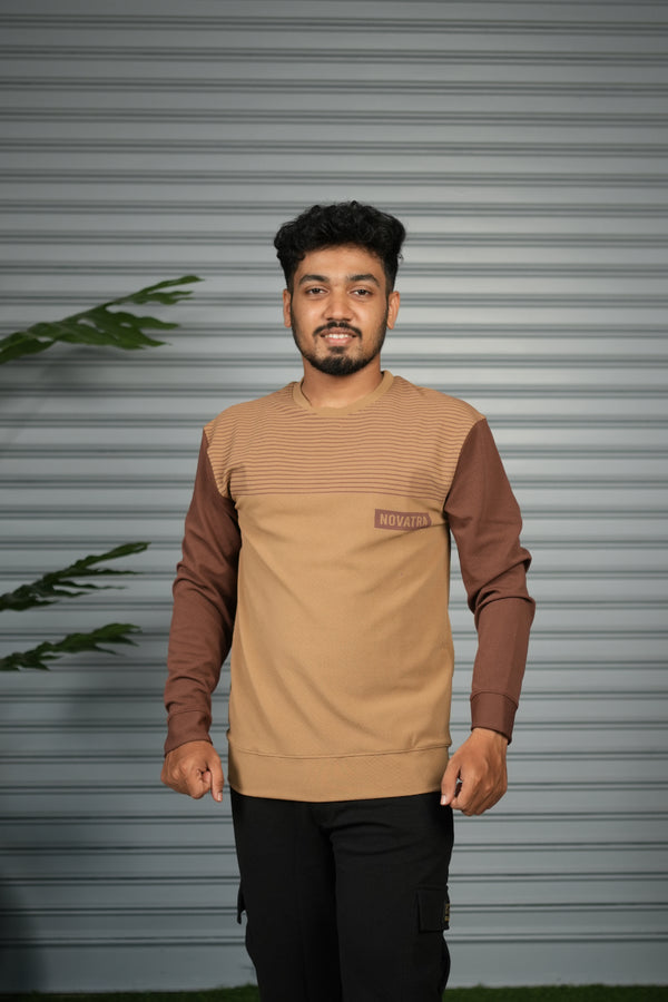 Men's Block Sweatshirt | Full Sleeve Casual Round Neck Sweatshirt for Men - Light Brown