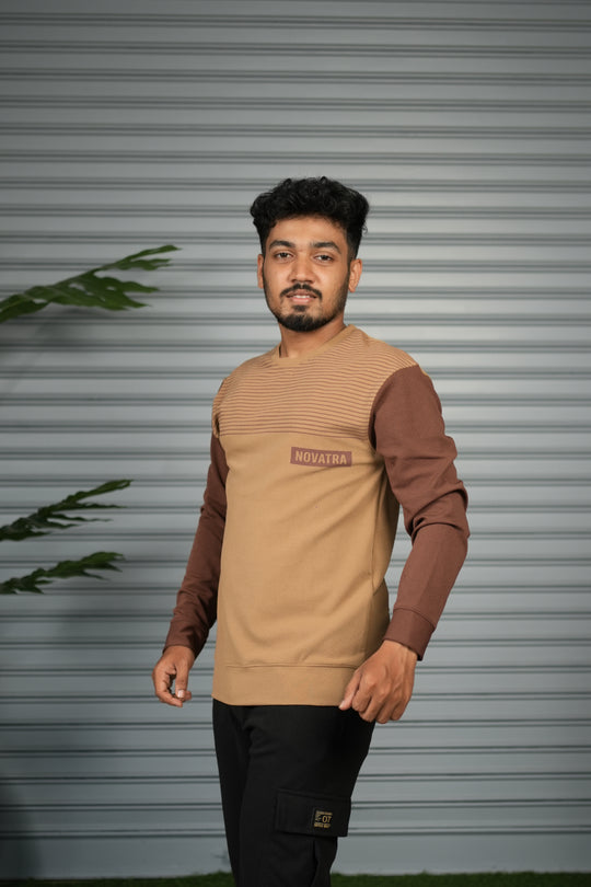 Men's Block Sweatshirt | Full Sleeve Casual Round Neck Sweatshirt for Men - Light Brown – alternate view – 7MAN India