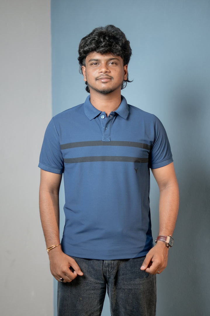 Short sleeve Men's Chest Stripe Polo T-Shirt — Slim Fit - Petrol Blue