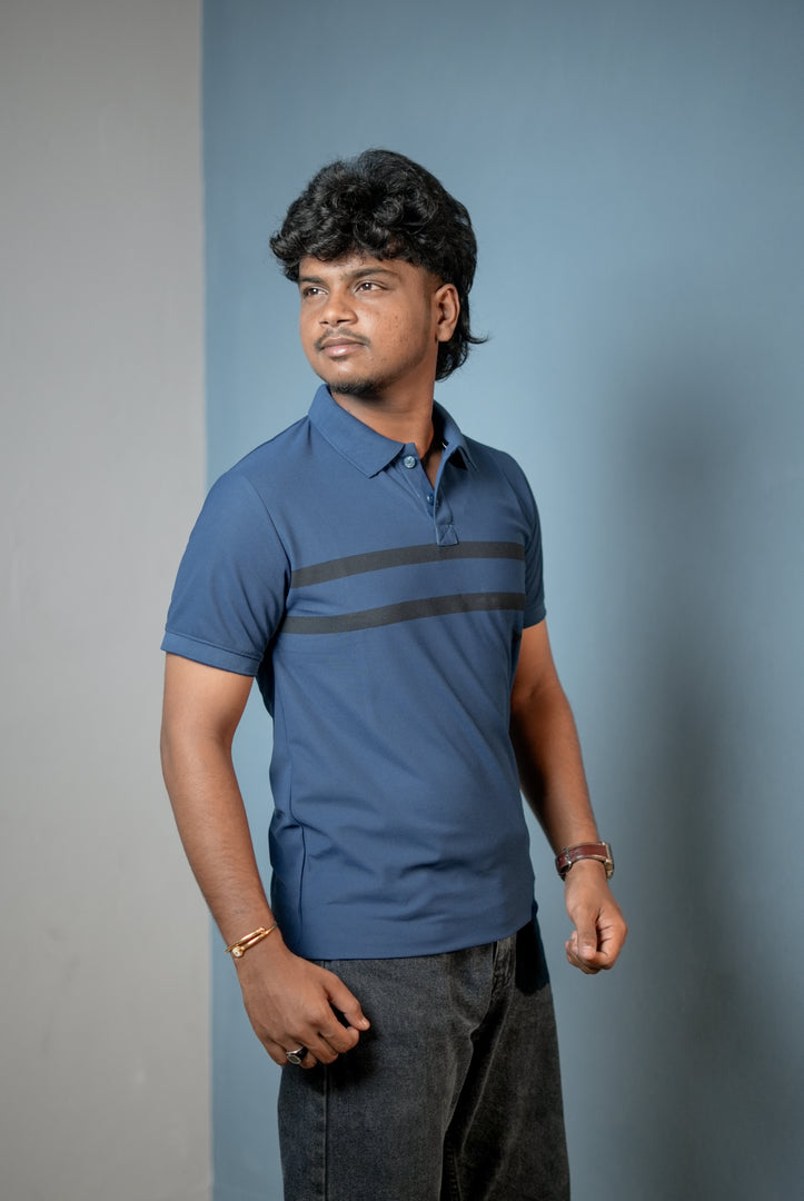 Short sleeve Men's Chest Stripe Polo T-Shirt — Slim Fit - Petrol Blue