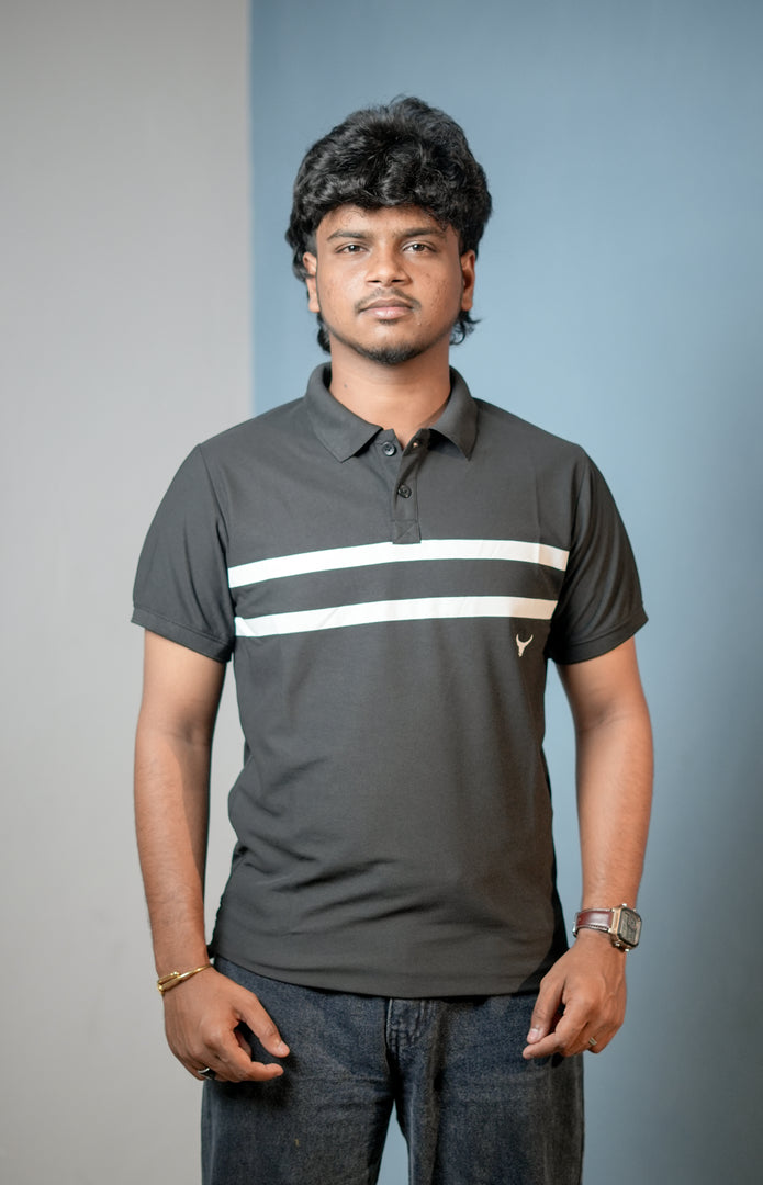 Short sleeve Men's Chest Stripe Polo T-Shirt — Slim Fit - Black