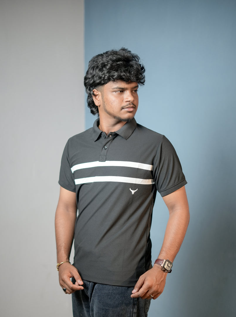 Short sleeve Men's Chest Stripe Polo T-Shirt — Slim Fit - Black