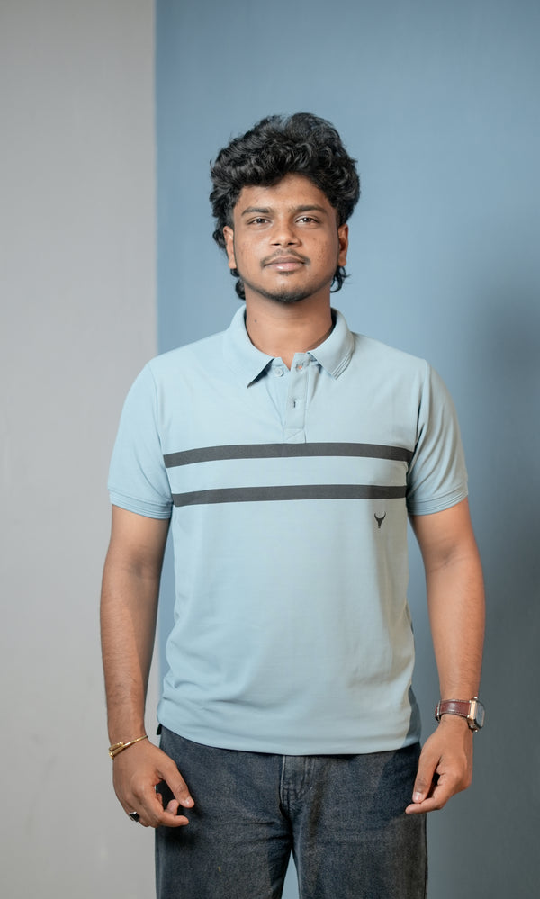 Short sleeve Men's Chest Stripe Polo T-Shirt — Slim Fit - Sky Blue