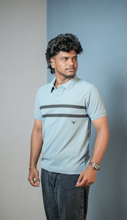 Short sleeve Men's Chest Stripe Polo T-Shirt — Slim Fit - Sky Blue – alternate view – 7MAN India