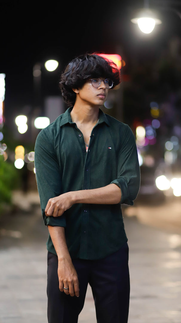 ATTRACTIVE FULL SLEEVE CORDUROY SHIRTS-BOTTLE GREEN