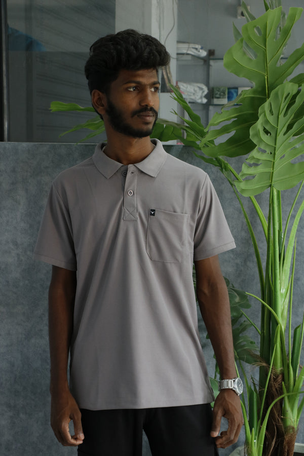Mens Short Sleeve Collar Neck Pocket Polo Tshirt - Ash