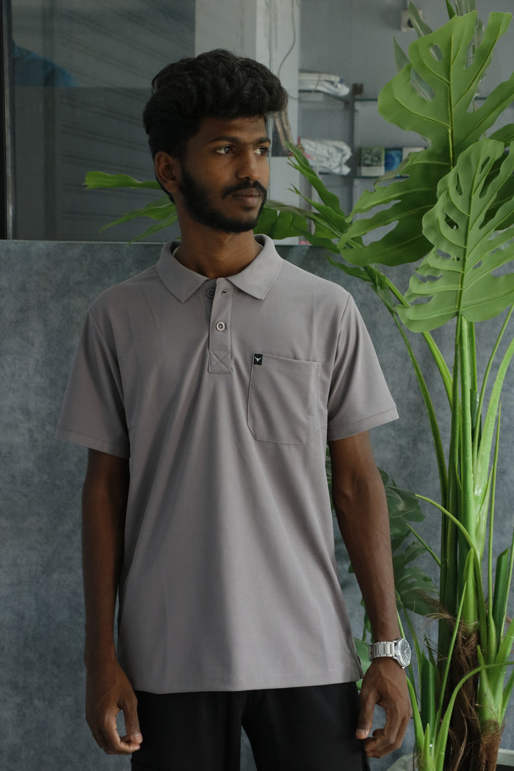 Mens Short Sleeve Collar Neck Pocket Polo Tshirt - Ash